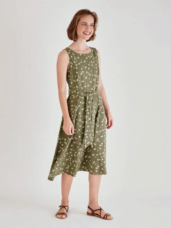 knit casual dress-Adelia Linen & Cotton Polka Dot Sleeveless Dress | Olive