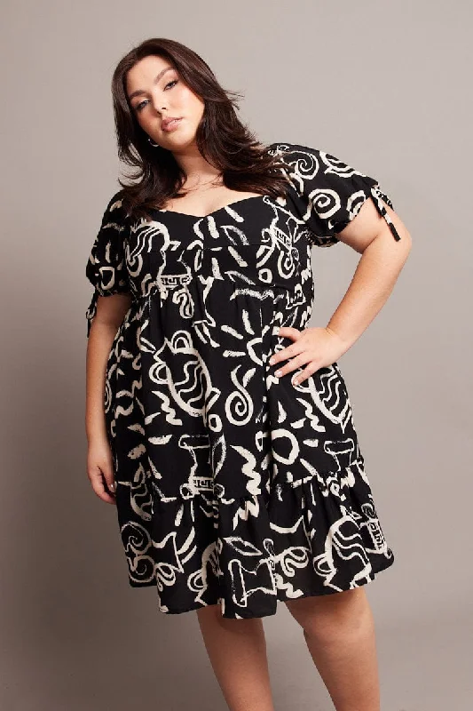 button down maxi dress-Black Abstract Tie Sleeve Sweetheart Neck Minidress