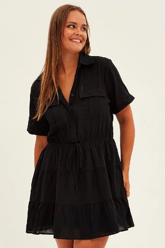 satin formal dress-Black Cargo Shirtdress Short Sleeve Cotton Mini