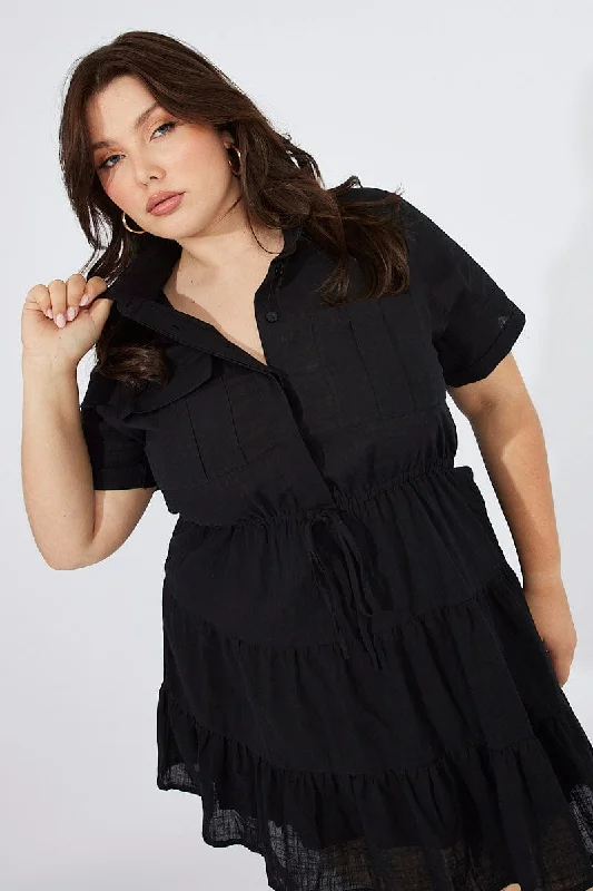 white lace maxi dress-Black Cargo Shirtdress Short Sleeve Cotton Mini