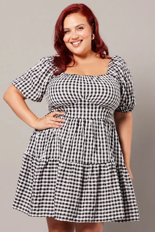 sheer sleeve maxi dress-Black Check Gingham Sweetheart Mini Dress