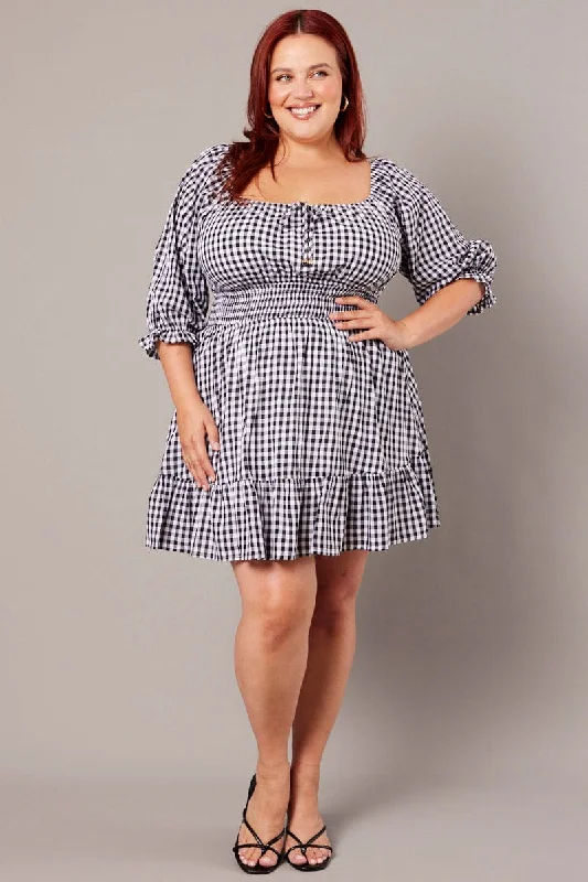 bodycon evening dress-Black Check Mini Dress 3/4 Sleeve Shirred Gingham