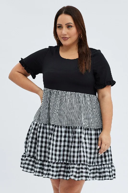 orange cocktail dress-Black Check Mini Dress Short Sleeve Tiered