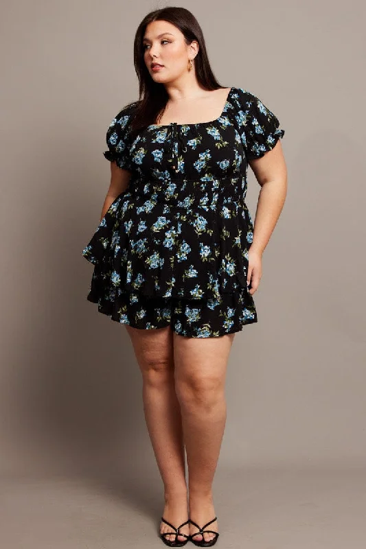 high low cocktail dress-Black Ditsy Ruffle Playsuit Short Sleeve