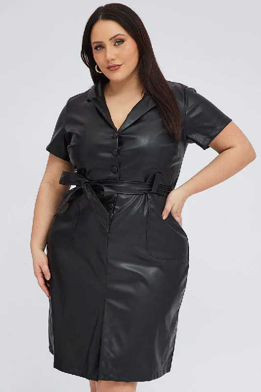 high low dress-Black Faux Leather Dress Knee Length Short Sleeve Belt