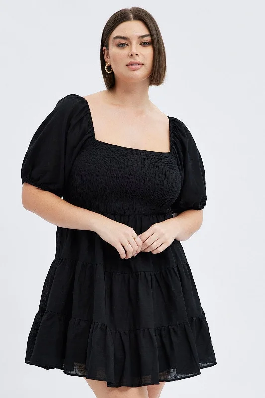 leather party dress-Black Fit And Flare Dress Short Sleeve Shirred