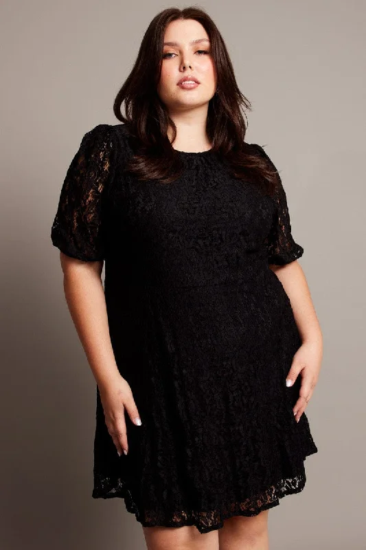 white lace maxi dress-Black Lace Puff Sleeve Mini Dress