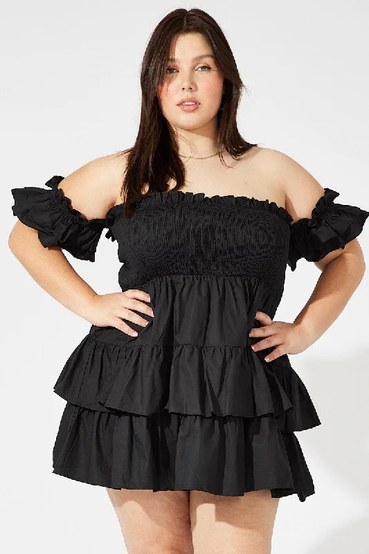 A-line cocktail dress-Black Mini Dress Off Shoulder Cotton Frilled