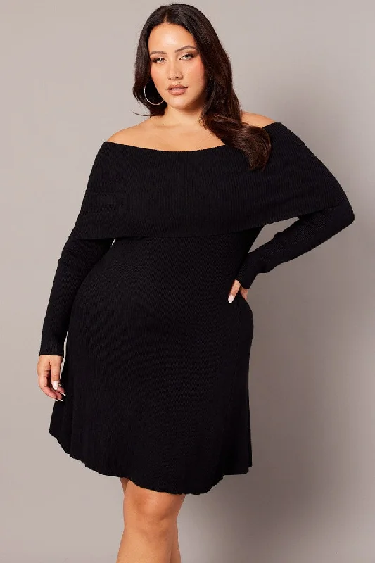 turquoise cocktail dress-Black Off Shoulder Knit Mini Dress