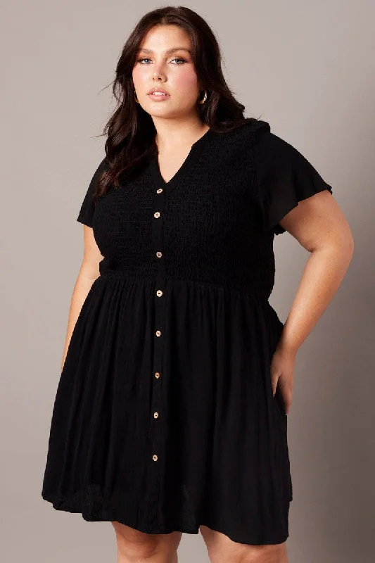 halter neck dress-Black Shirred Mini Shirtdress