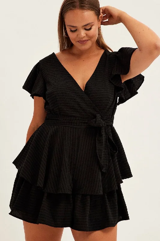 flowy beach dress-Black Short Playsuit Flare Sleeve Textured Stripe