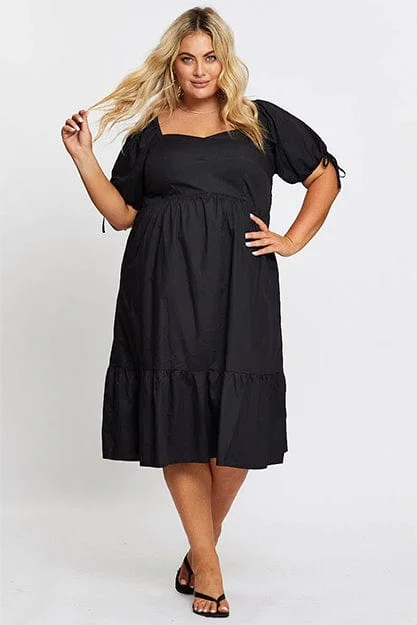 lace overlay cocktail dress-Black Short Puff Sleeve Black Bust Detail Dress