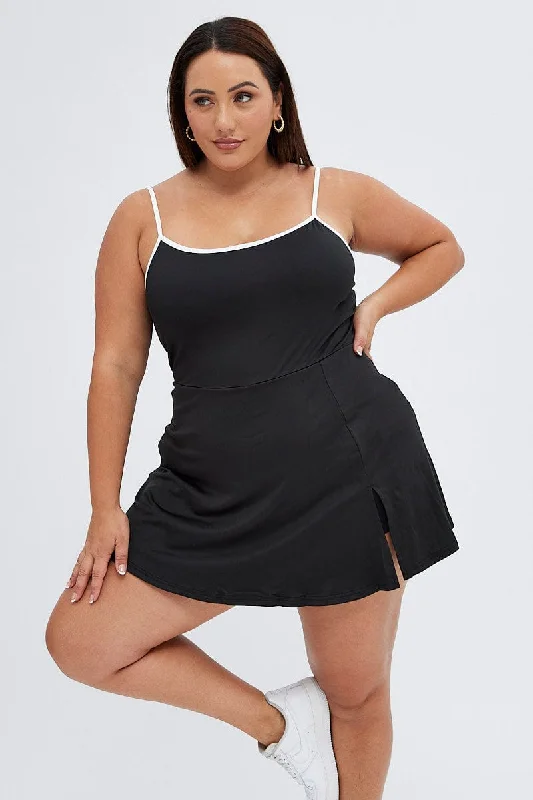 bodycon midi dress-Black Tennis Dress With Inbuilt Shorts Jersey Contrast