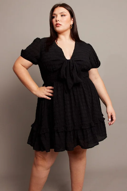 asymmetrical hem dress-Black Tie Front Textured Frill Hem Minidress