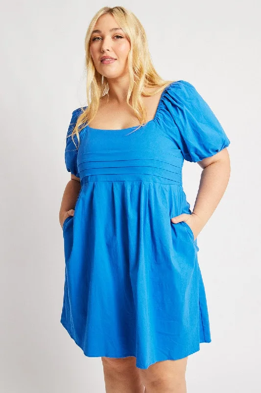 one shoulder maxi dress-Blue Cotton Poplin Pleated Square Neck Minidress