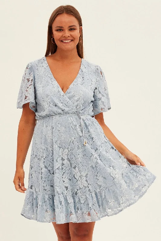 mermaid sundress-Light Blue Fit And Flare Dress Short Sleeve Wrap Lace