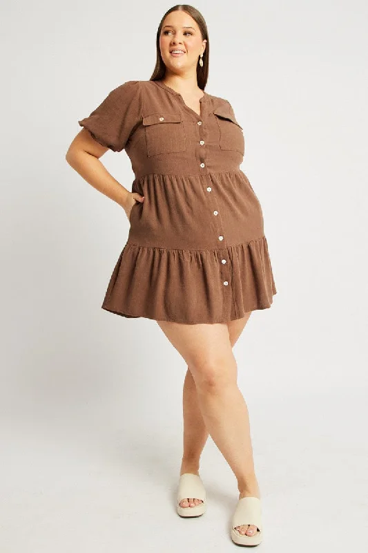 tiered cocktail dress-Brown Button Through Mini Dress Nehru Collar Linen Blend