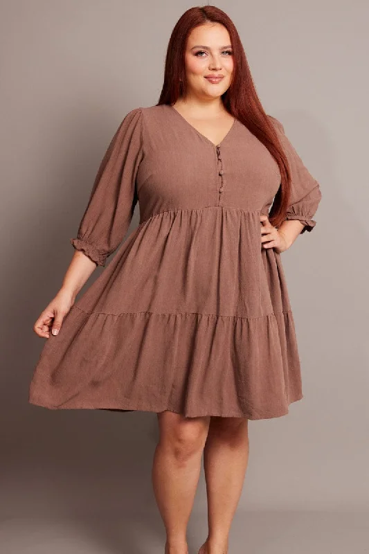 boho maxi dress-Brown V-neck Button Through Linen Blend Minidress