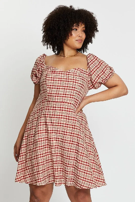 sheer sleeve cocktail dress-Check Short Bubble Sleeve Skater Dress