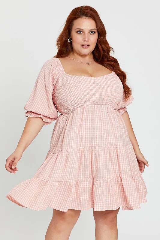 cold shoulder cocktail dress-Check Short Sleeve Shirred Bust Pink Dress