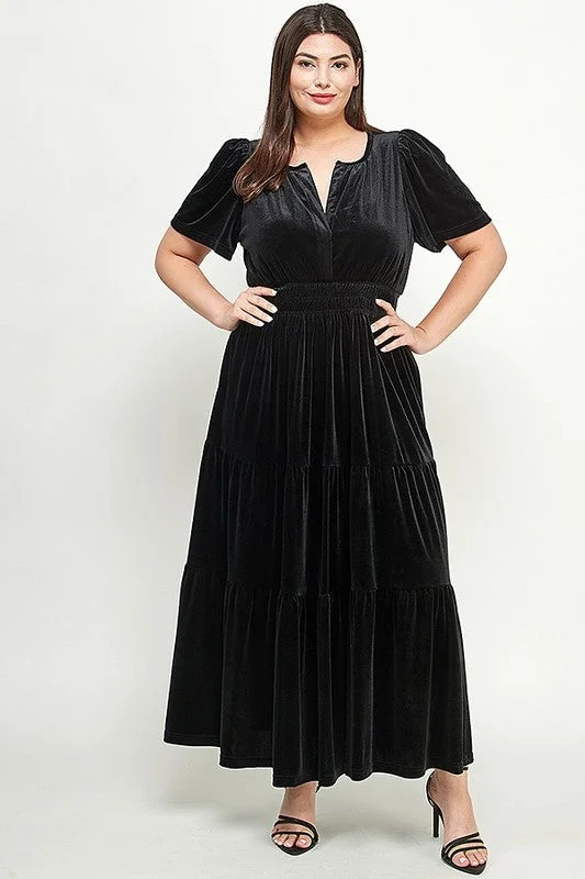 striped prom dress-Curvy Girl Velvet Tiered Dress