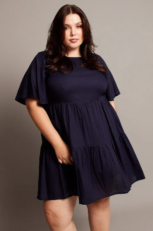 vintage cocktail dress-Denim Flare Sleeve Smock Minidress