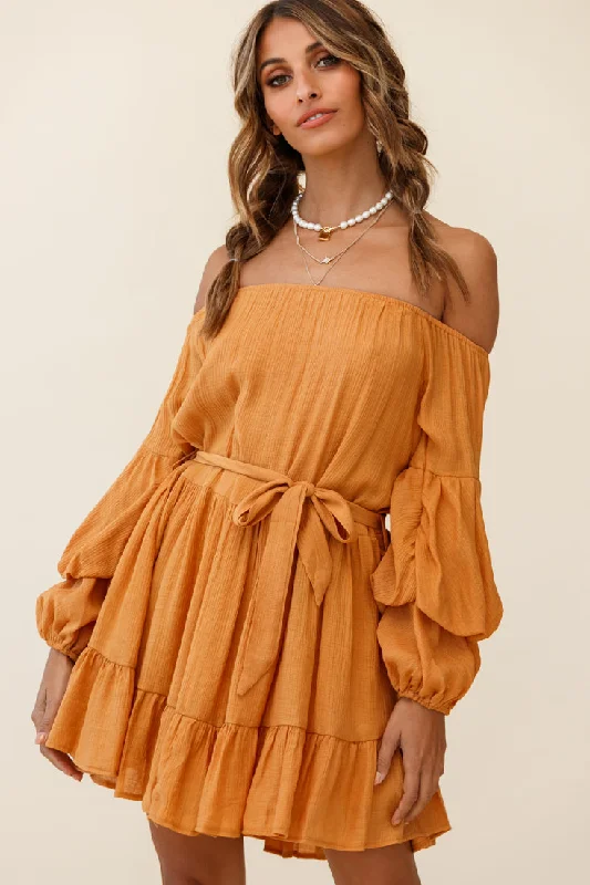 champagne cocktail dress-Frida Off-Shoulder Waist Tie Dress Tan