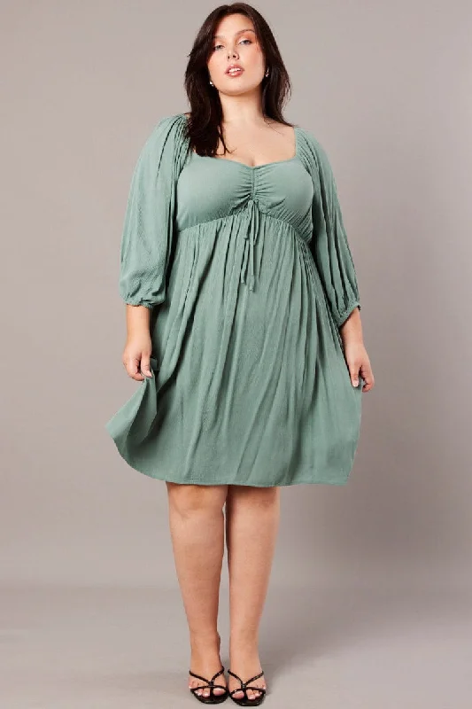 long sleeve cocktail dress-Green Crinkle Ruched Drawstring Mini Dress