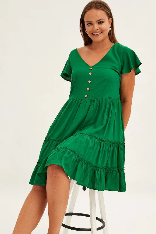 bodycon prom dress-Green Fit And Flare Dress Short Sleeve V-neck