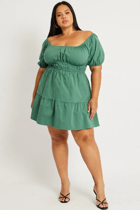 flowy midi dress-Green Puff Sleeve Gather Minidress