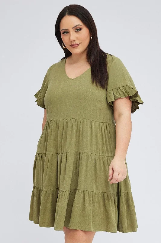 halter sundress-Green Relaxed Dress Short Sleeve V-neck Linen Blend