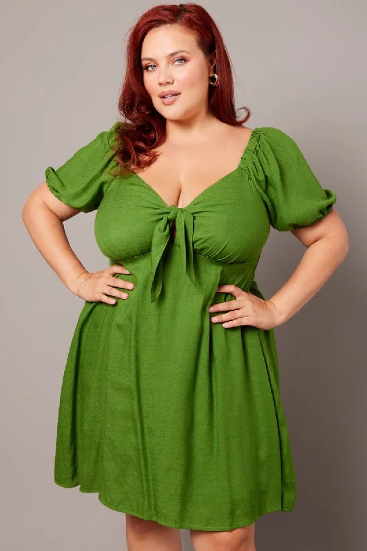 ruby red cocktail dress-Green Tie Front Shirred Back Minidress