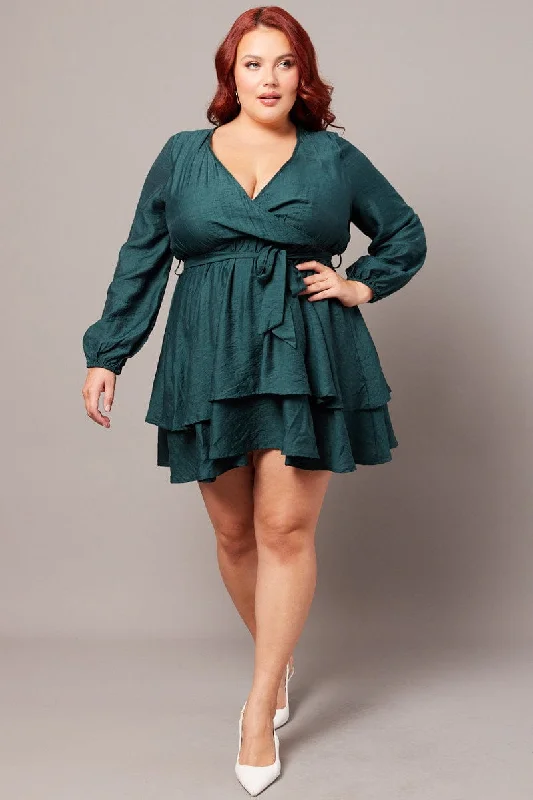 casual satin dress-Green Tiered Cross Front Mini Dress