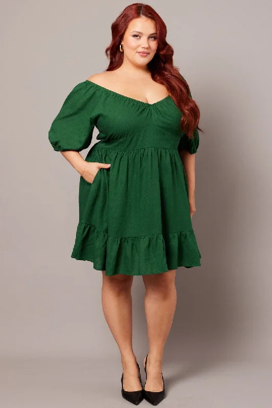 embroidered sundress-Green Tiered Mini Dress Shirred Back With Pockets