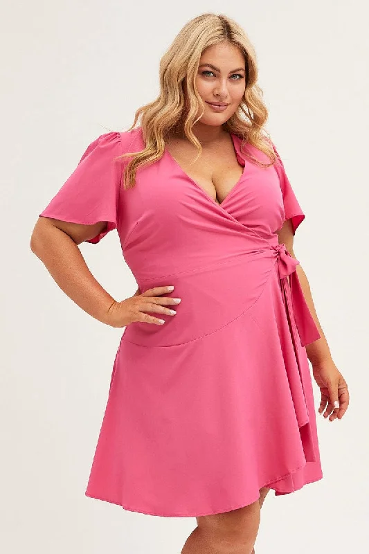 lace overlay maxi dress-H Pink Wrap Dress Short Sleeve Mini