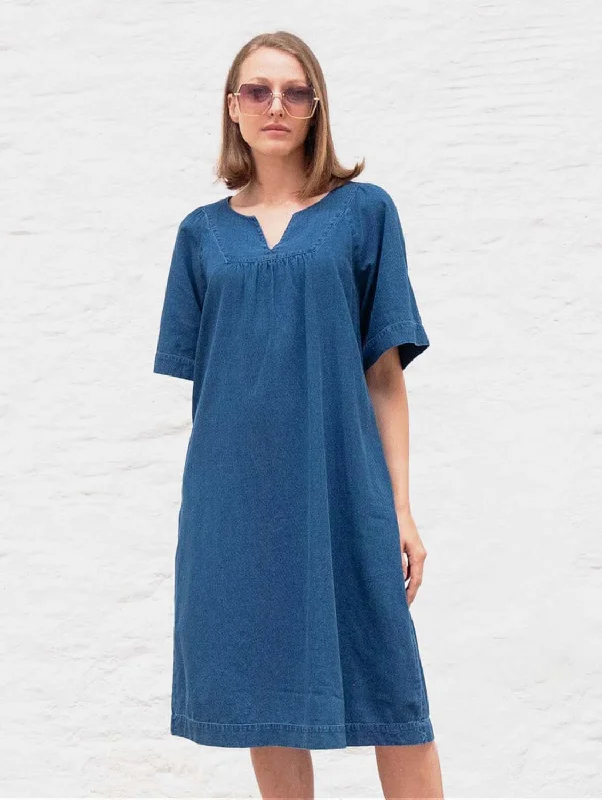 shift casual dress-Hara Cotton Pull On Dress | Denim