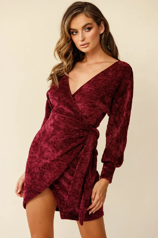 peplum evening dress-Isolde Ribbed Velour Wrap Dress Plum