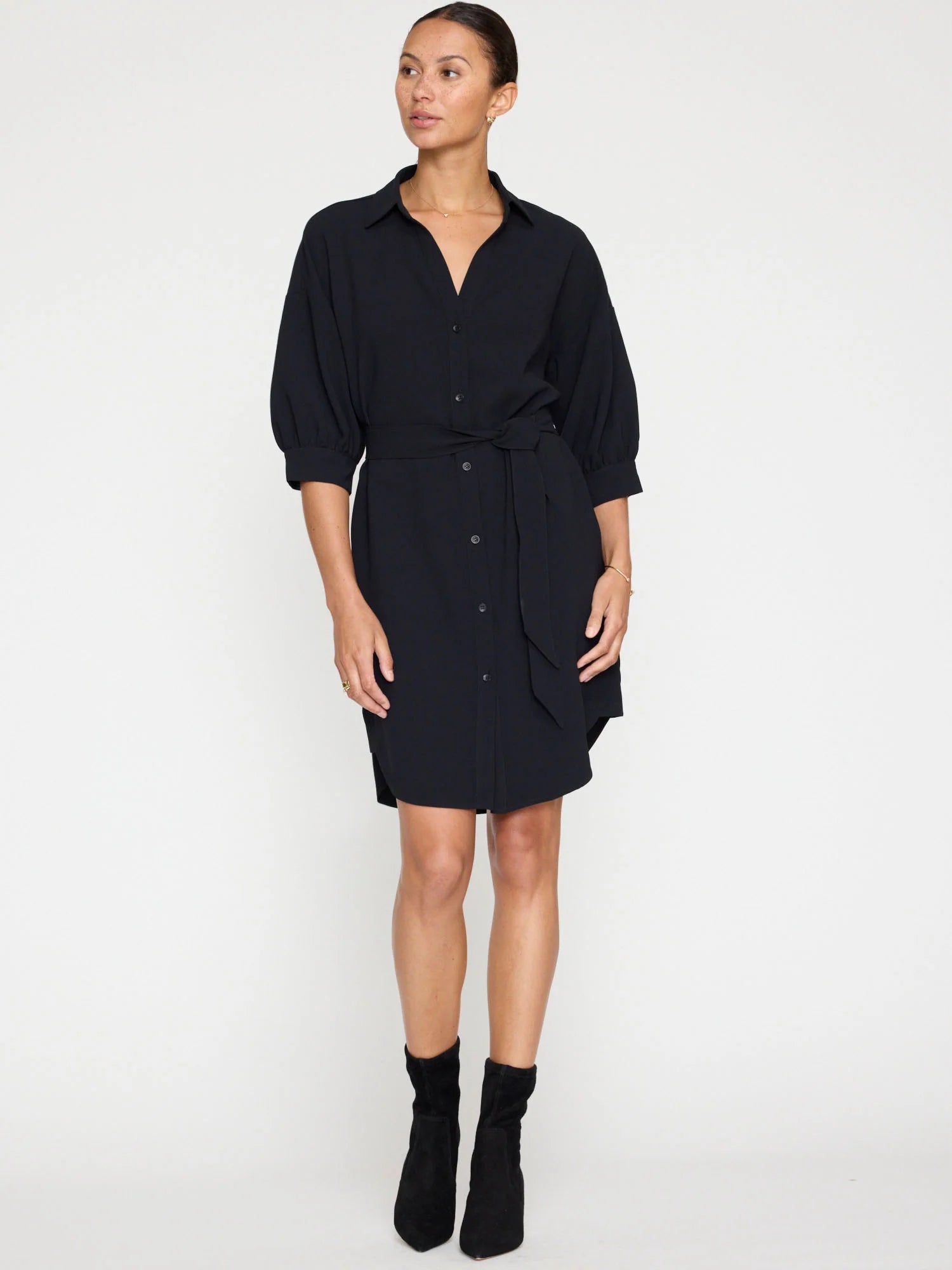 button down cocktail dress-Kate Crepe Belted Dress Black Onyx