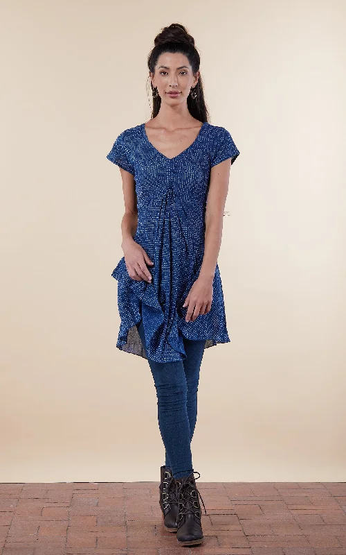 orange cocktail dress-Kika Tunic, Cap Sleeve, Indigo Mini Dot