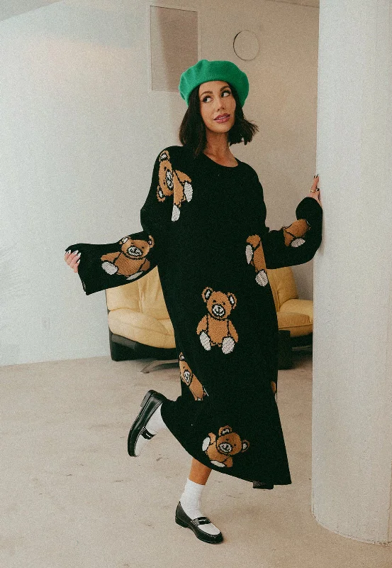 boho evening dress-Literally Limitless Oversized Knit Dress in Teddy Bears 4ever