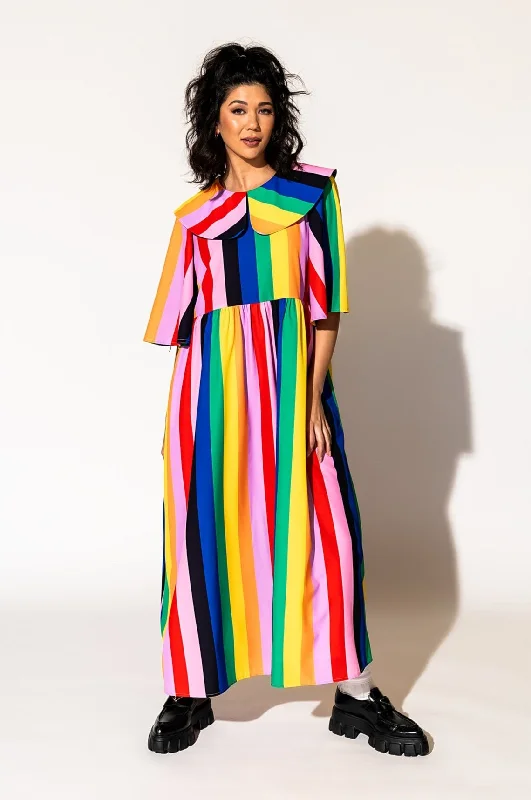 champagne cocktail dress-Neverland Dress in Rainbow Candy Stripe