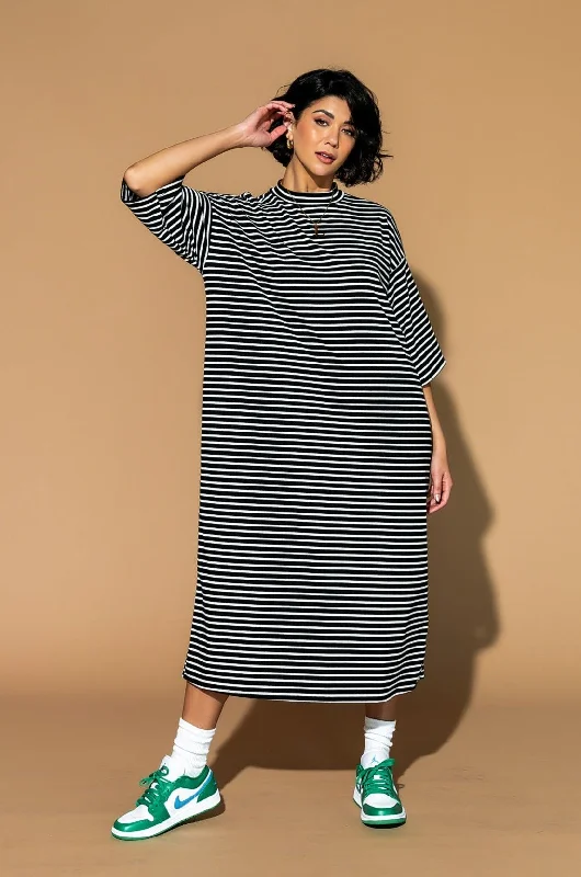 sheer sleeve sundress-Ozzy Dress in Ribbed Classic Stripes