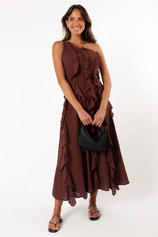 tiered cocktail dress-Maggy One Shoulder Dress - Chocolate