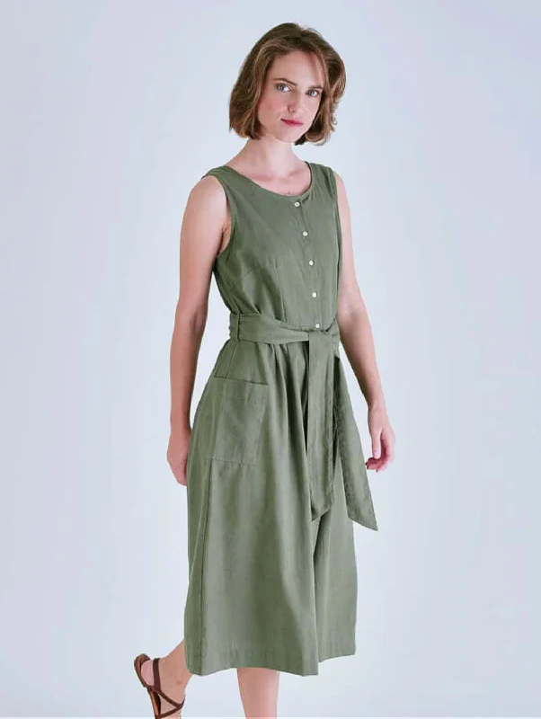 button down dress-Margot Cotton & Linen Sleeveless Dress | Olive