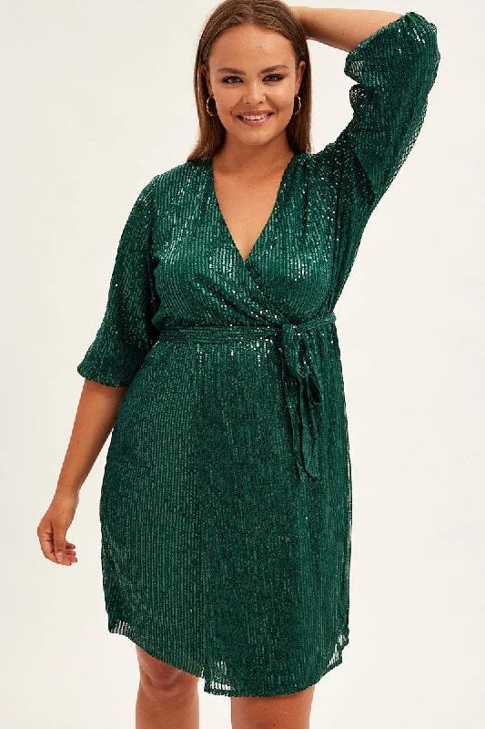 emerald green sundress-Green Metallic Sequin Mini Dress