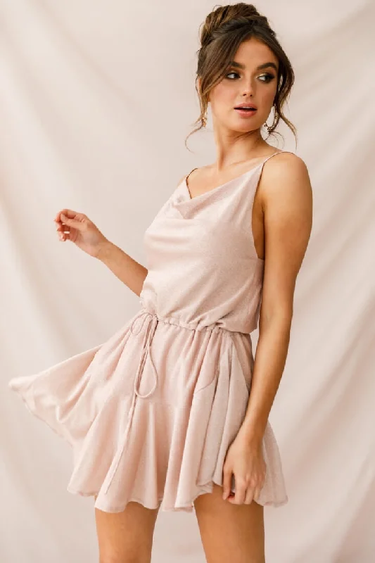 satin cocktail dress-Monique Cowl Neck Drawstring Dress Champagne