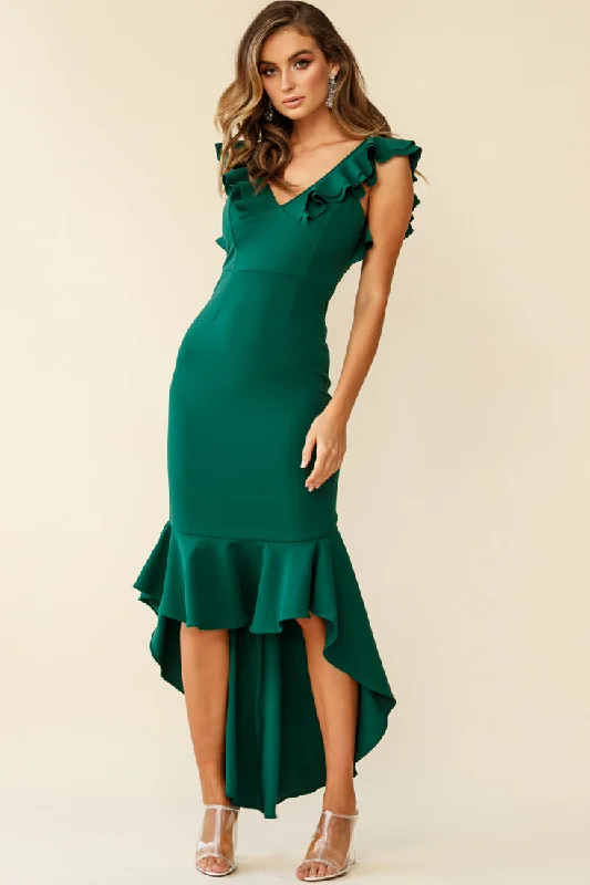 halter evening dress-Pearl Ruffle Strap High-Low Hem Dress Forest Green