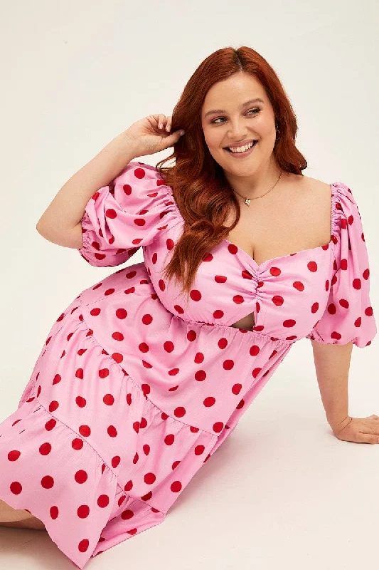 A-line cocktail dress-Pink Polka Dot Mini Dress Puff Sleeve Gather Front Peephole