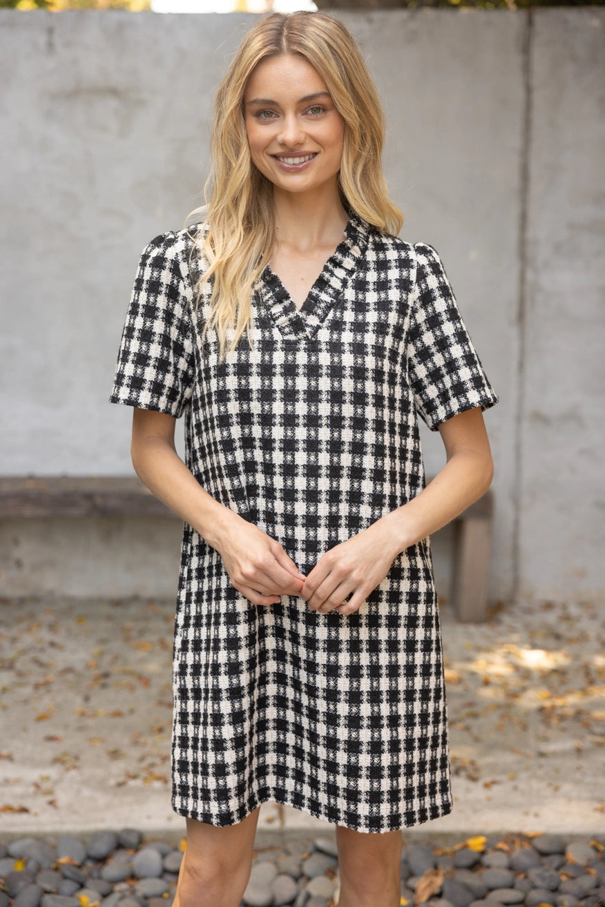 boho chic dress-Plaid Tweed Ruffle Neckline Dress