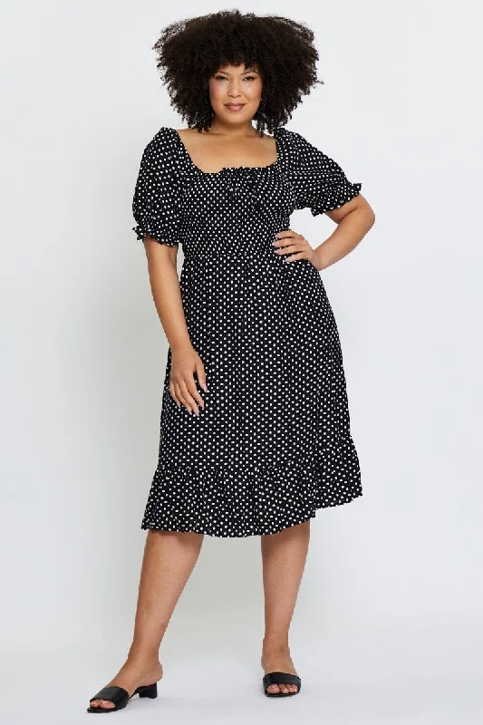 champagne evening dress-Polka Dot Skater Dress Square Neck Short Sleeve